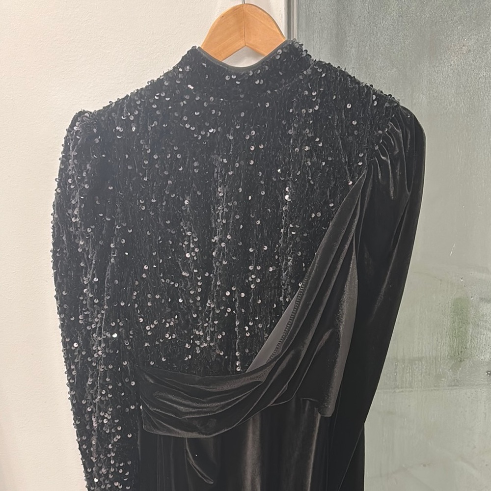 Black Velvet Gown with Mock Neck and Bishop Sleeves